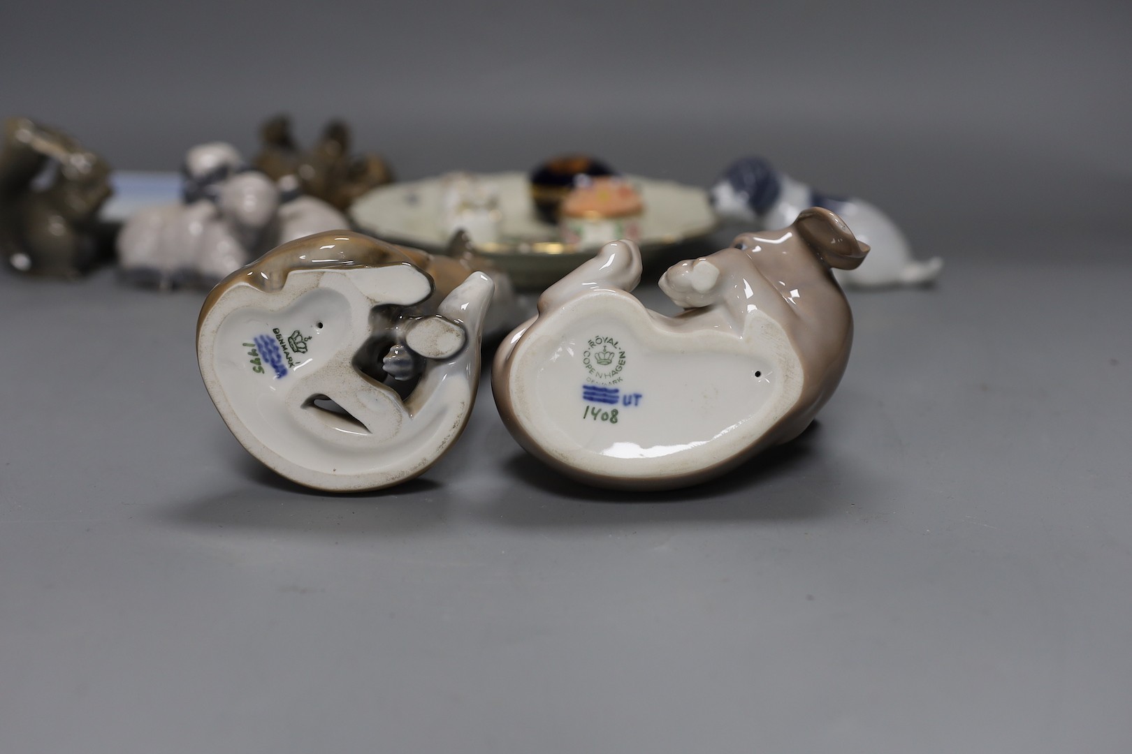 A group of various Copenhagen animals and dishes, together with Halcyon Days, Limoges and a small porcelain shoe